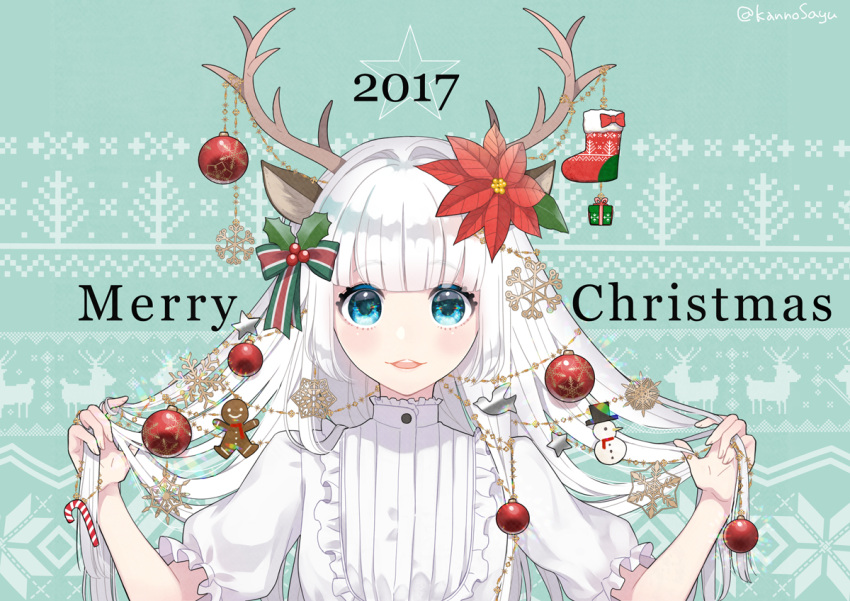 1girl 2017 animal_ears antlers bangs blue_eyes blunt_bangs blush box candy candy_cane christmas christmas_ornaments christmas_stocking chrysanthemum english eyebrows_visible_through_hair flower food frilled_sleeves frills gift gift_box gingerbread_man green_background hair_flower hair_ornament hand_in_hair holding holding_hair holly kanno_sayu long_hair looking_at_viewer merry_christmas number original parted_lips reindeer_antlers reindeer_ears shirt short_sleeves smile snowflakes solo star twitter_username upper_body very_long_hair white_hair white_shirt