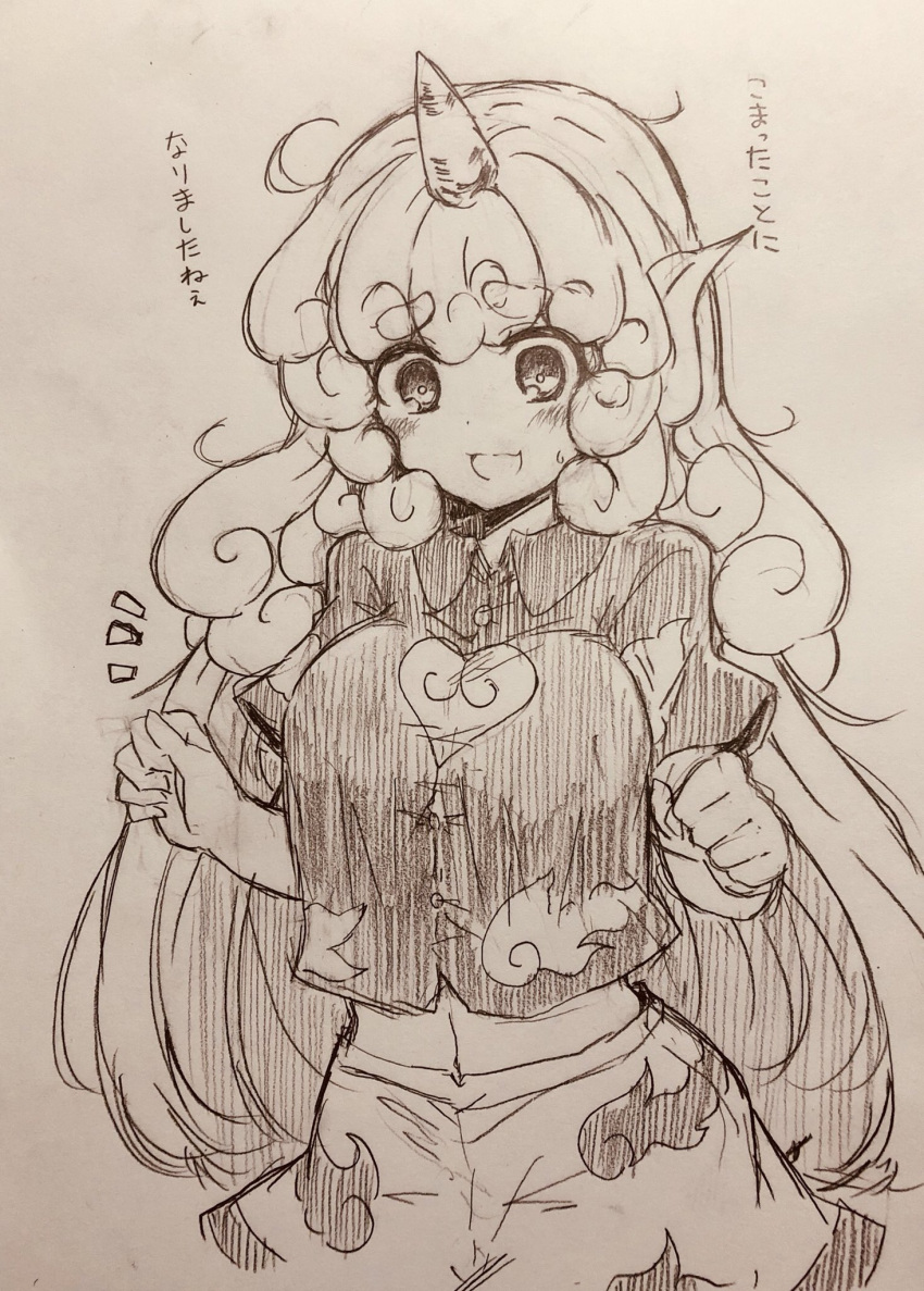 /\/\/\ 1girl animal_ears bangs blush breasts buttons collared_shirt commentary_request cowboy_shot efukei eyebrows_visible_through_hair highres horn komano_aun long_hair medium_breasts midriff monochrome navel open_mouth shirt short_sleeves solo sweat touhou traditional_media translation_request very_long_hair