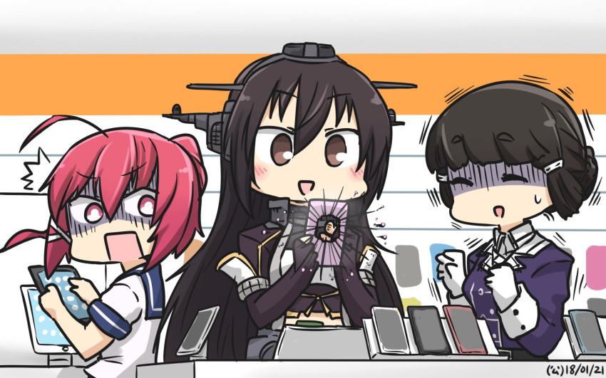 3girls black_gloves black_hair breaking brown_eyes cellphone closed_eyes commentary_request cowboy_shot dated elbow_gloves fingerless_gloves gloves hair_bun hamu_koutarou headgear highres i-168_(kantai_collection) kantai_collection long_hair military military_uniform multiple_girls myoukou_(kantai_collection) nagato_(kantai_collection) phone ponytail red_eyes redhead remodel_(kantai_collection) school_uniform serafuku shaded_face short_hair smartphone tablet_pc uniform