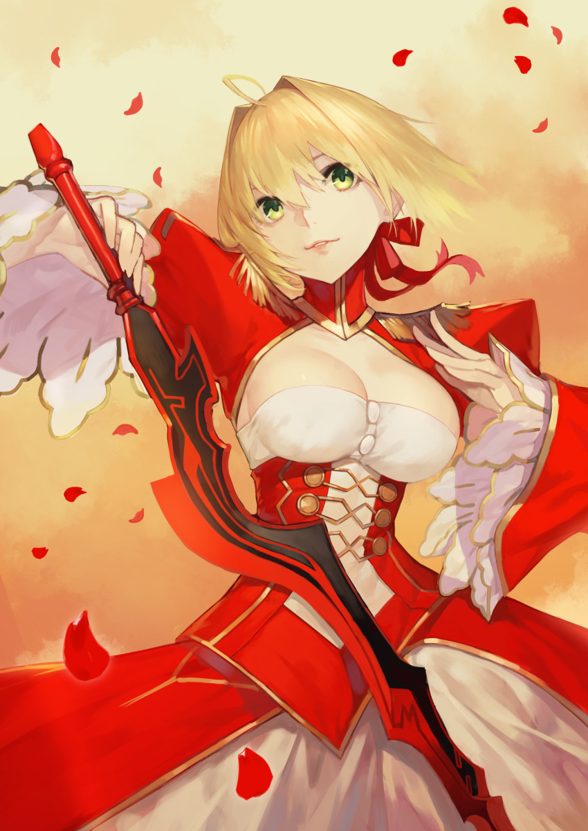 1girl absurdres ahoge blonde_hair breasts cleavage dress fate/extra fate_(series) green_eyes hair_between_eyes hair_ribbon head_tilt highres holding holding_sword holding_weapon jam_(nandade) large_breasts nero_claudius_(fate) nero_claudius_(fate)_(all) parted_lips petals red_ribbon ribbon short_hair solo strapless strapless_dress sword weapon