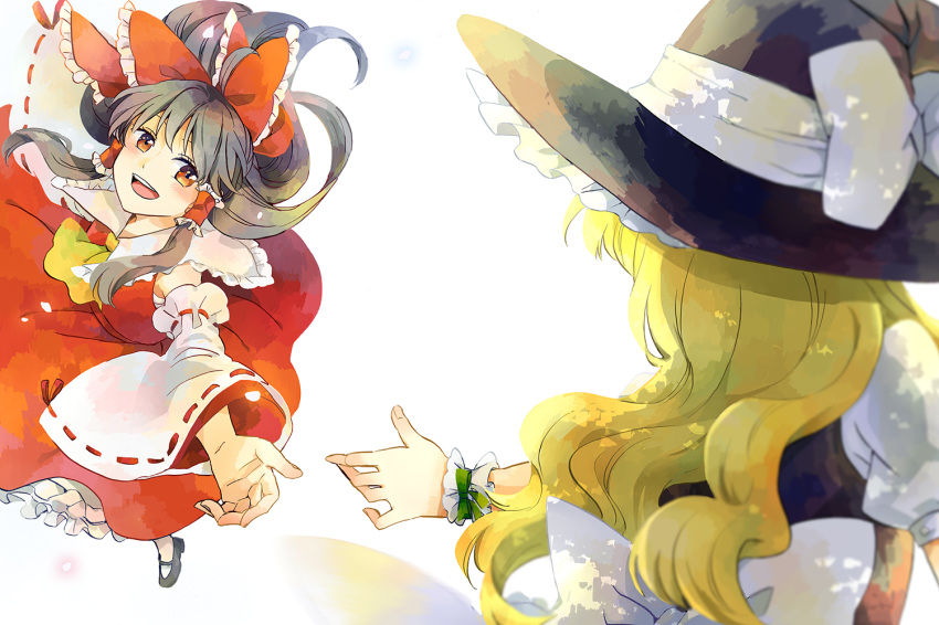 2girls :d akanasu bare_shoulders blouse blush bow chocolate_hair hair_bow hair_tubes hakurei_reimu hat kirisame_marisa large_bow mary_janes multiple_girls open_mouth reaching_out red_eyes sarashi shoes smile touhou wavy_hair witch_hat wrist_cuffs