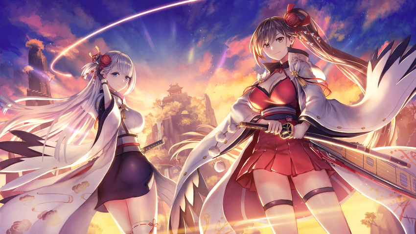 &gt;:) 2girls anbe_yoshirou ass azur_lane backlighting bangs black_gloves blue_eyes blue_skirt blue_sky breasts brown_eyes brown_hair building cleavage cliff closed_mouth clouds dress dutch_angle evening flight_deck flower gloves hair_flower hair_ornament halter_dress highres holding holding_sword holding_weapon japanese_clothes katana kimono large_breasts light_particles long_hair looking_at_viewer looking_back miniskirt multiple_girls one_side_up partly_fingerless_gloves pom_pom_(clothes) red_dress red_ribbon ribbon ribbon-trimmed_legwear ribbon_trim sheath sheathed shoukaku_(azur_lane) side_ponytail silver_hair skirt sky smile straight_hair sunlight sunset sword tassel thigh-highs thigh_strap torii underbust v-shaped_eyebrows very_long_hair water waterfall weapon white_kimono white_legwear wide_sleeves wings zettai_ryouiki zuikaku_(azur_lane)