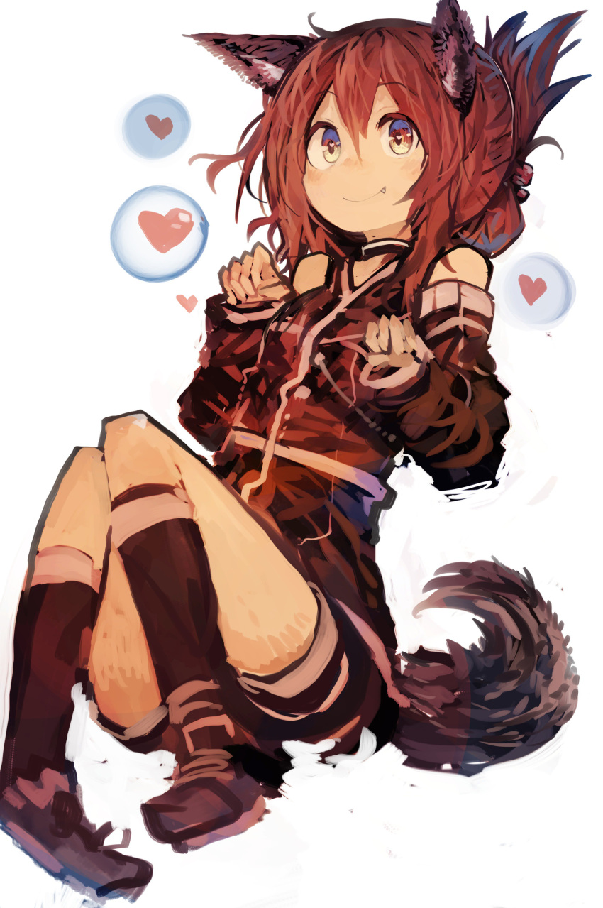 1girl absurdres animal_ears bangs bare_shoulders black_shirt brown_eyes brown_hair bubble choker detached_sleeves dog_ears dog_tail eyebrows_visible_through_hair fang folded_ponytail hair_between_eyes heart heart-shaped_pupils highres inazuma_(kantai_collection) kaamin_(mariarose753) kantai_collection kemonomimi_mode paw_pose shirt shoes short_shorts shorts simple_background sitting sleeveless sleeveless_shirt smile socks symbol-shaped_pupils tail white_background