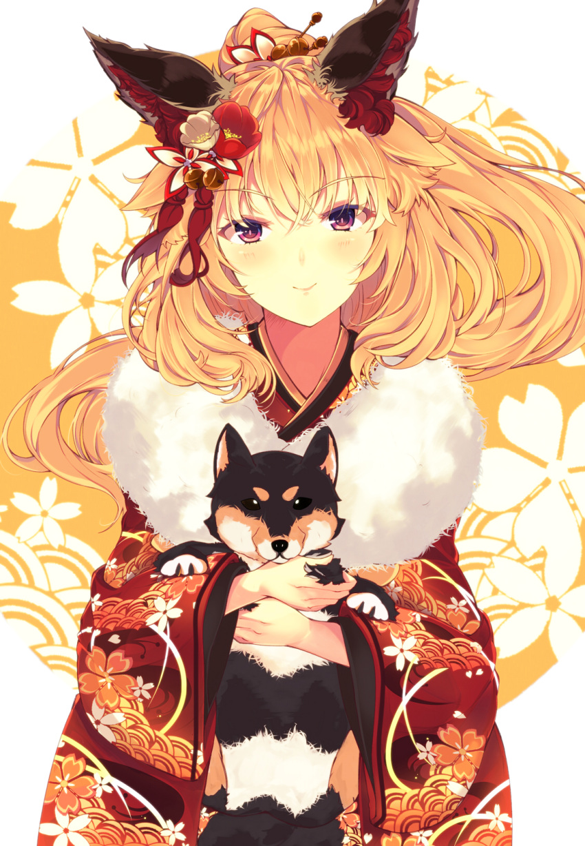 1girl animal_ears blonde_hair brown_eyes dog eyebrows_visible_through_hair floating_hair flower fox_ears fur_trim hair_between_eyes hair_flower hair_ornament highres holding japanese_clothes kimono long_hair looking_at_viewer mizuyoukan_(mikususannda) original red_flower smile solo standing upper_body white_flower yukata