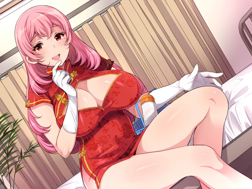 1girl bed blush breasts china_dress chinese_clothes cleavage cleavage_cutout dress dutch_angle gloves hand_to_own_mouth highres huge_breasts inari_(kimitama0902yahoocojp) indoors long_hair mole mole_under_eye no_panties on_bed open_mouth original pink_hair red_dress red_eyes short_dress side_slit smile solo white_gloves