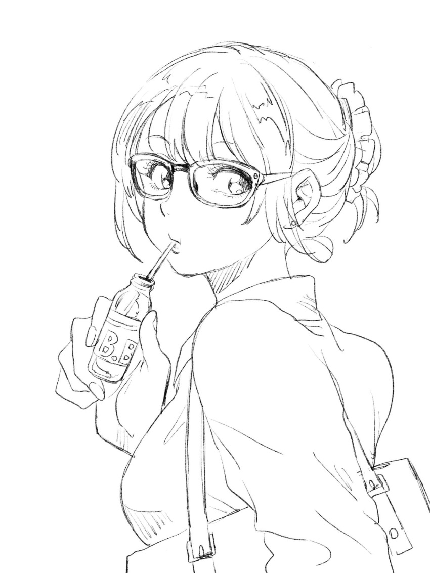 1girl bag commentary_request drinking_straw earrings fingernails from_behind glasses highres jewelry long_sleeves looking_at_viewer looking_back nikaidou_kou original shoulder_bag simple_background sipping sketch solo tied_hair upper_body white_background