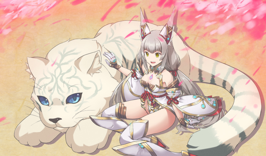 1girl animal animal_ears bangs bare_shoulders byakko_(xenoblade) felice_qaddaf gloves hair_ribbon highres leotard long_hair low_twintails niyah open_mouth ribbon silver_hair sitting spoilers tiger twintails very_long_hair white_gloves white_leotard white_tiger xenoblade xenoblade_2 yellow_eyes