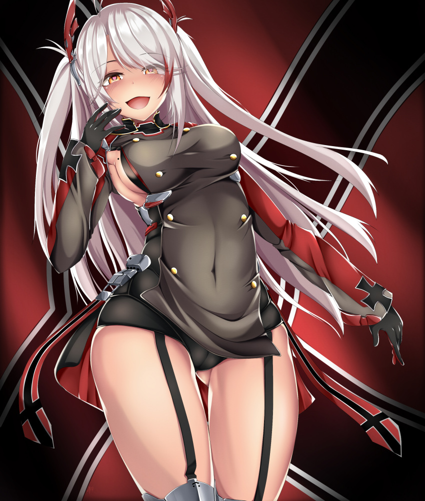 1girl :d absurdres azur_lane bangs black_gloves black_panties blush breasts brown_eyes contrapposto covered_navel eyebrows_visible_through_hair flag_background garter_straps gloves gluteal_fold heart heart-shaped_pupils highres kana616 large_breasts long_hair long_sleeves looking_at_viewer mole mole_on_breast multicolored_hair nose_blush open_mouth panties prinz_eugen_(azur_lane) redhead silver_hair smile solo standing streaked_hair swept_bangs symbol-shaped_pupils two_side_up underwear very_long_hair