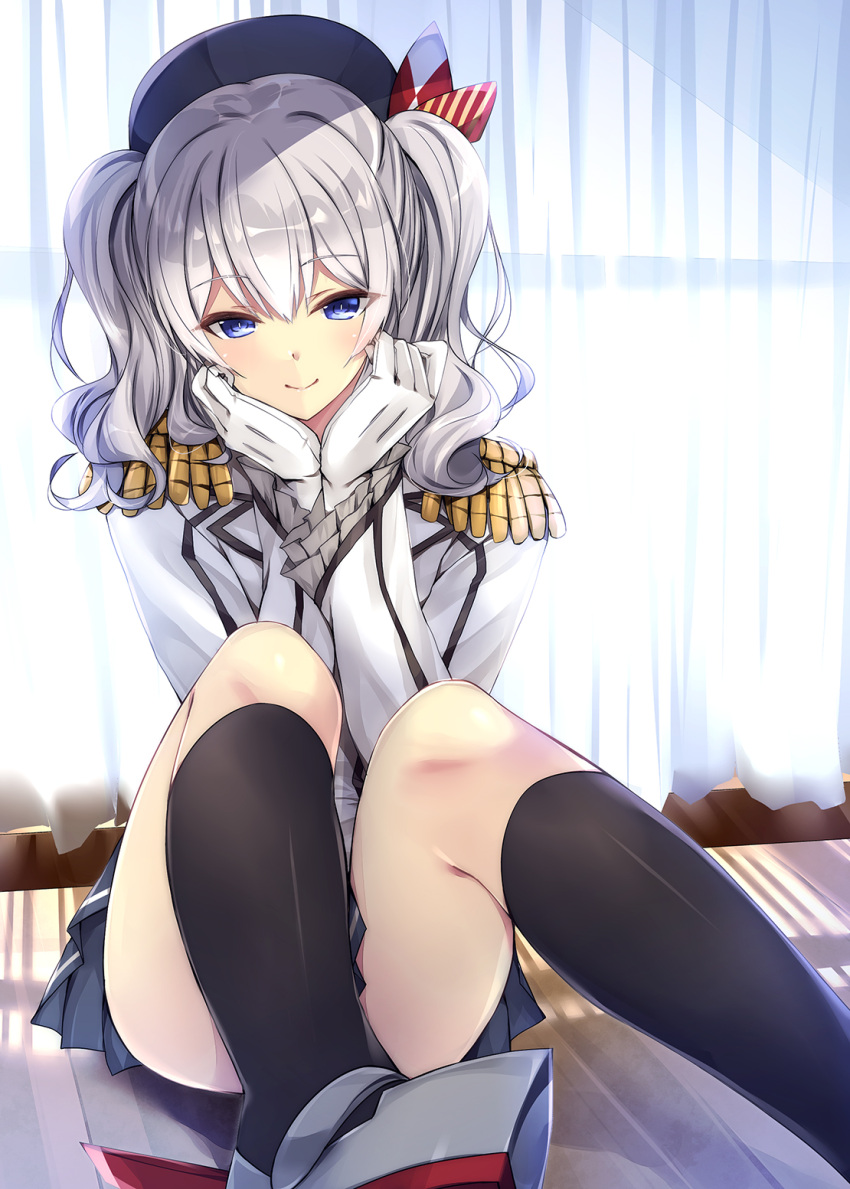 1girl beret black_hat black_legwear black_skirt blue_eyes blue_skirt closed_mouth curtains day epaulettes eyebrows_visible_through_hair frilled_sleeves frills gloves hands_on_own_cheeks hands_on_own_face hat highres indoors jacket kantai_collection kashima_(kantai_collection) kneehighs kobayashi_chisato long_hair long_sleeves looking_at_viewer military military_uniform pleated_skirt shadow shoes silver_hair sitting skirt smile socks solo two_side_up uniform white_gloves white_jacket window