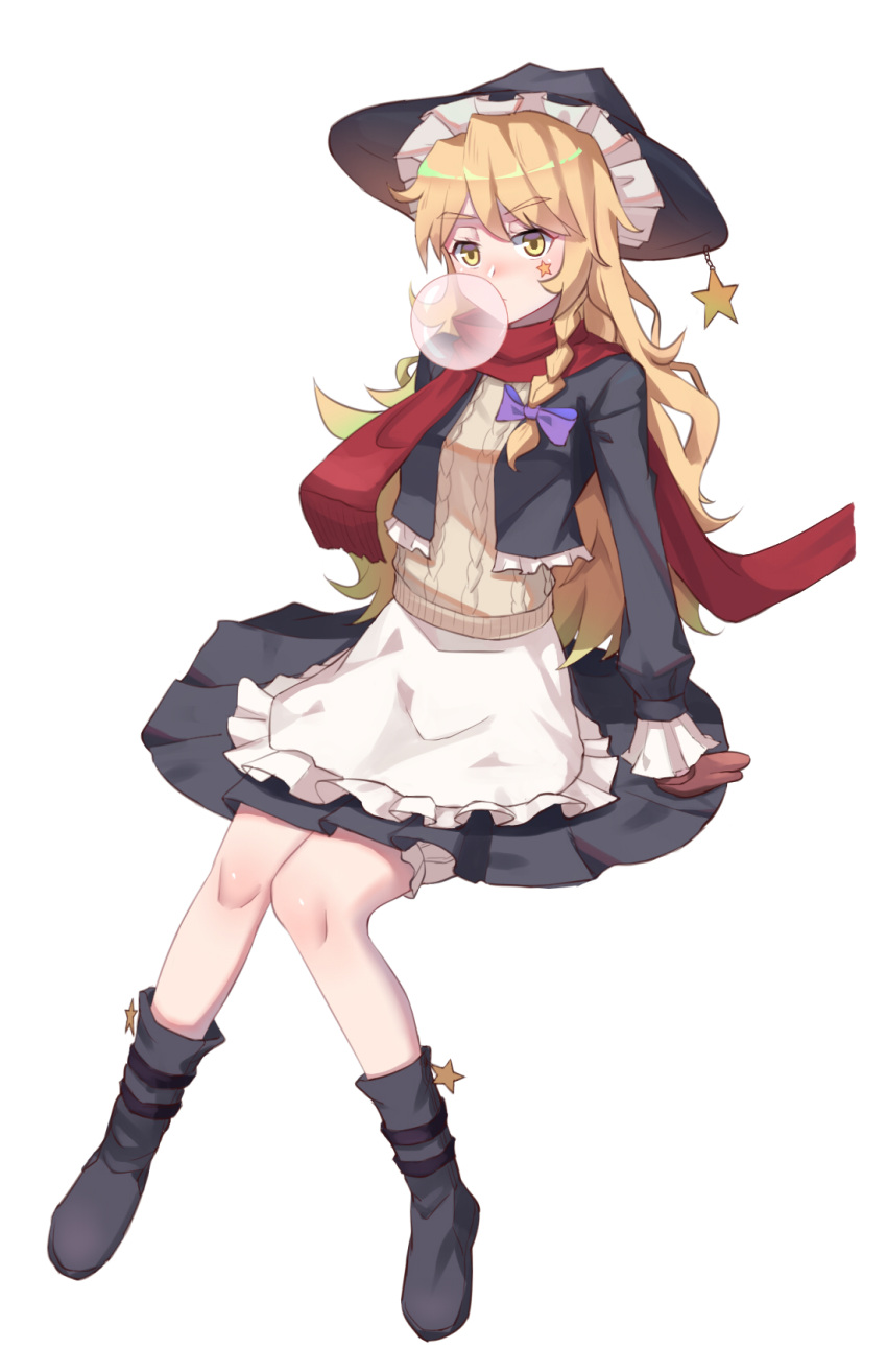 1girl alternate_costume apron black_footwear black_skirt blonde_hair blush boots bow brown_mittens bubble_blowing chewing_gum du_mogu eyebrows_visible_through_hair frilled_apron frilled_hat frilled_jacket frills full_body hair_bow hat highres invisible_chair kirisame_marisa knee_boots knees_together_feet_apart long_hair long_sleeves looking_at_viewer mittens no_socks nose_blush purple_bow red_scarf ribbed_sweater scarf shiny shiny_hair simple_background sitting skirt solo star sweater touhou very_long_hair waist_apron white_apron white_background witch_hat yellow_eyes yellow_sweater