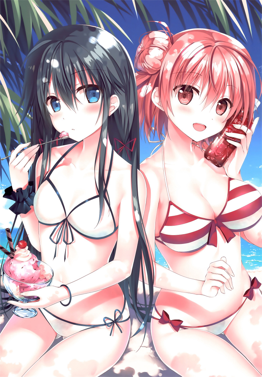 2girls :d absurdres bangs bare_arms bare_shoulders beach bikini black_hair blue_eyes blue_sky blush bottle bottle_to_cheek bracelet breasts cleavage clouds collarbone day eyebrows_visible_through_hair food hair_between_eyes hair_bun highres ice_cream jewelry large_breasts long_hair looking_at_viewer multiple_girls ocean open_mouth outdoors palm_tree pink_eyes pink_hair sand side-tie_bikini sitting sky smile soda_bottle sousouman spoon striped striped_bikini swimsuit tree very_long_hair wafer_stick water white_bikini wrist_cuffs yahari_ore_no_seishun_lovecome_wa_machigatteiru. yuigahama_yui yukinoshita_yukino