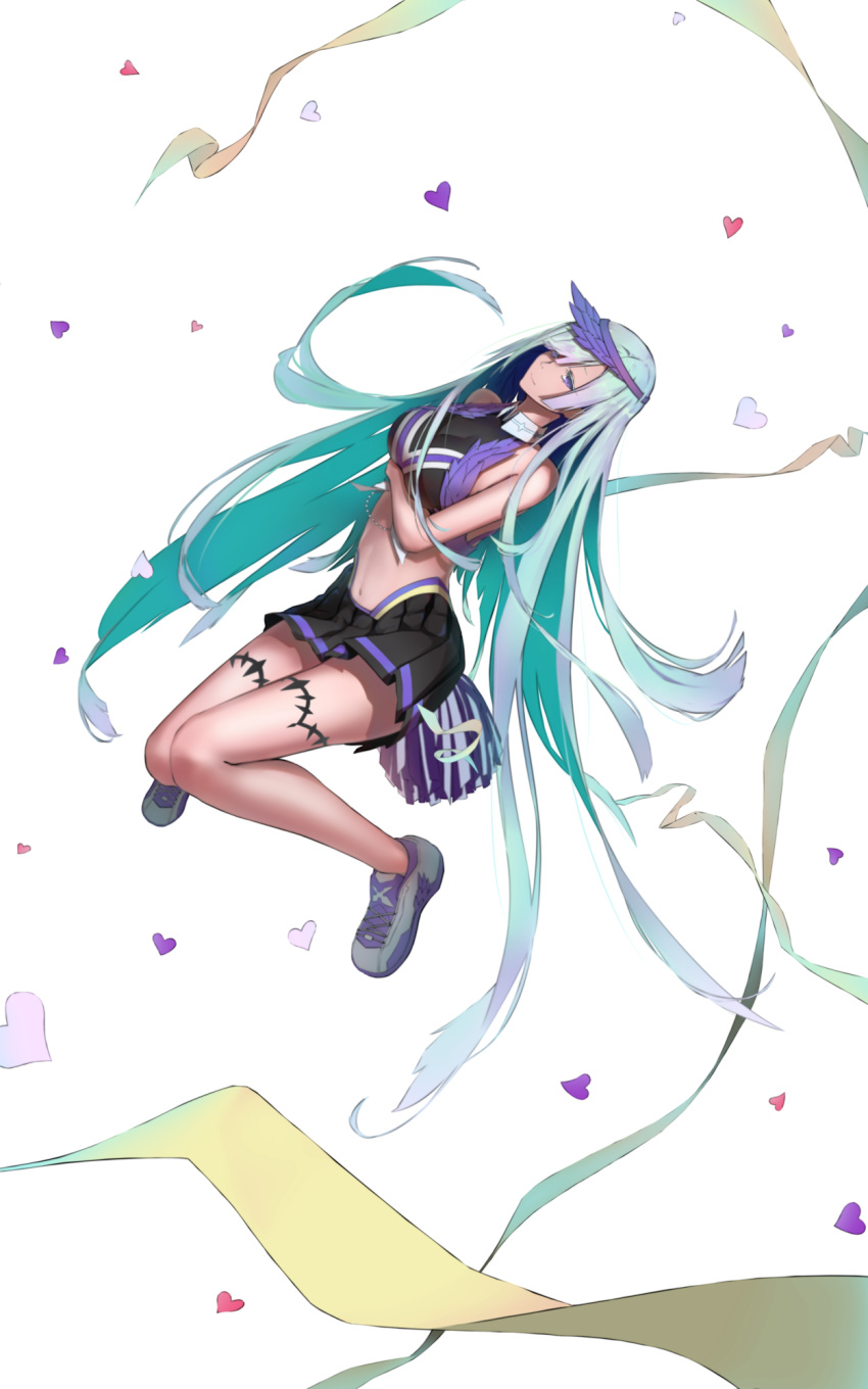 1girl bare_shoulders breasts brynhildr_(fate) bustier cheer_for_master cheerleader fate/grand_order fate_(series) green_hair heart highres large_breasts long_hair pleated_skirt sideboob skirt smile solo suguru_(a129214673) thigh_strap very_long_hair violet_eyes
