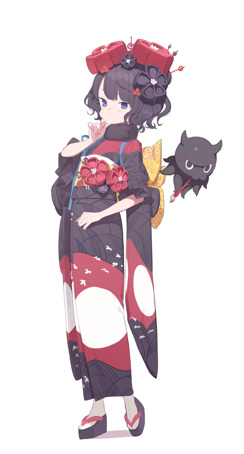 1girl bangs black_footwear black_hair black_kimono blush bow closed_mouth commentary_request doremi eyebrows_visible_through_hair fate/grand_order fate_(series) fur_collar hair_ornament highres horns japanese_clothes katsushika_hokusai_(fate/grand_order) kimono long_sleeves octopus paintbrush print_kimono short_hair simple_background sleeves_pushed_up socks solo standing standing_on_one_leg tabi v-shaped_eyebrows violet_eyes white_background white_legwear wide_sleeves yellow_bow zouri