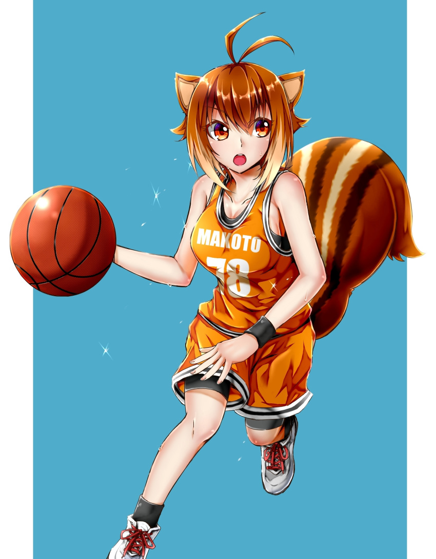 1girl animal_ears antenna_hair ball basketball basketball_uniform blazblue breasts brown_hair chukachuka cleavage highres jersey large_breasts looking_to_the_side makoto_nanaya multicolored_hair open_mouth orange_eyes shoes short_hair shorts sneakers solo sports_bra sportswear squirrel_ears squirrel_tail sweat tail two-tone_hair wristband