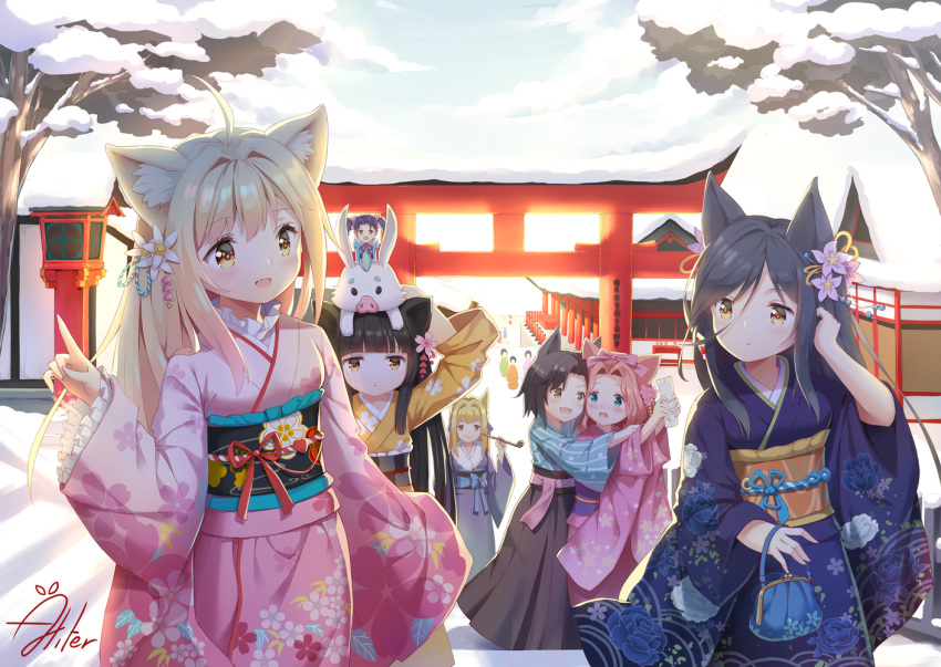 6+girls ahoge aliter animal animal_ears animal_on_head artist_name bag bangs black_hair black_kimono blonde_hair blue_eyes blunt_bangs blush brown_eyes character_request day eyebrows_visible_through_hair fang floral_print flower fox_ears hair_flower hair_ornament handbag hatsumoude index_finger_raised japanese_clothes kimono kiri_(konohana_kitan) konohana_kitan lamp long_hair long_sleeves looking_at_another minigirl multiple_girls natsume_(konohana_kitan) obi on_head open_mouth outdoors person_on_head pink_hair pink_kimono pipe ren_(konohana_kitan) sakura_(konohana_kitan) sash satsuki_(konohana_kitan) sky smile snow stairs torii wide_sleeves yellow_eyes yellow_kimono yuzu_(konohana_kitan)