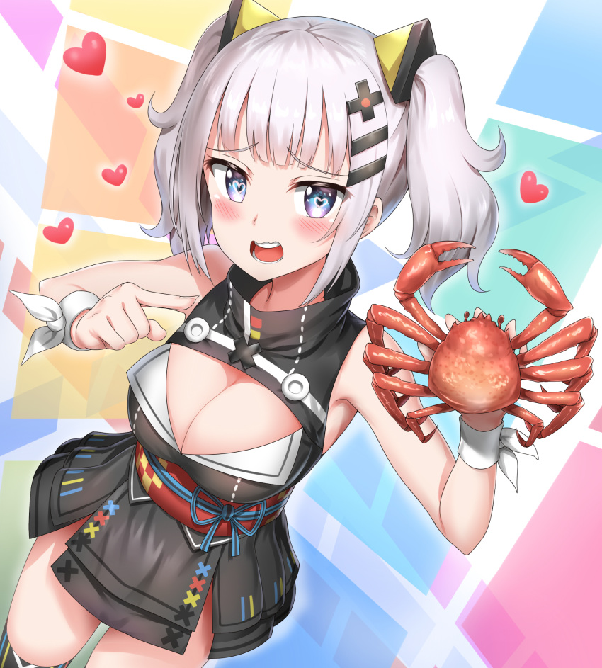 1girl animal bangs bare_shoulders black_dress blue_eyes blush breasts cleavage cleavage_cutout commentary_request crab dress eyebrows_visible_through_hair fingernails hair_ornament hairclip heart heart-shaped_pupils highres holding holding_animal kaguya_luna kaguya_luna_(character) large_breasts long_hair nedia_(nedia_region) obi pointing sash sidelocks silver_hair sleeveless sleeveless_dress solo symbol-shaped_pupils thigh-highs twintails wavy_mouth