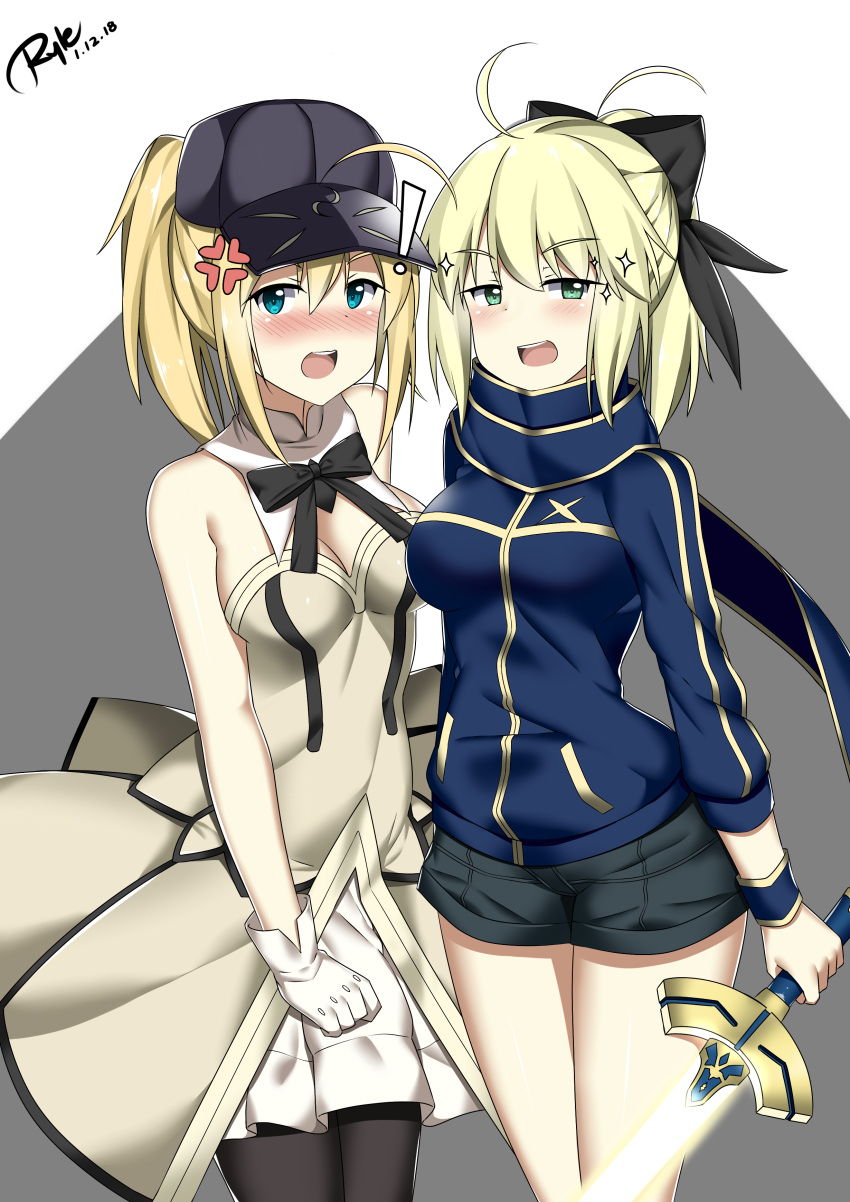 ! 2girls absurdres ahoge anger_vein artoria_pendragon_(all) bare_shoulders baseball_cap black_bow black_legwear blue_eyes blue_jacket blush bow breasts cleavage cosplay costume_switch detached_collar detached_sleeves dress excalibur eyebrows_visible_through_hair fate/grand_order fate/stay_night fate_(series) gloves green_eyes hair_between_eyes hair_bow hair_through_headwear hat highres holding holding_sword holding_weapon jacket long_hair looking_at_viewer medium_breasts multiple_girls mysterious_heroine_x mysterious_heroine_x_(cosplay) nose_blush open_mouth ponytail ryle saber saber_lily saber_lily_(cosplay) scarf short_shorts shorts sparkle sword track_jacket weapon white_dress white_gloves