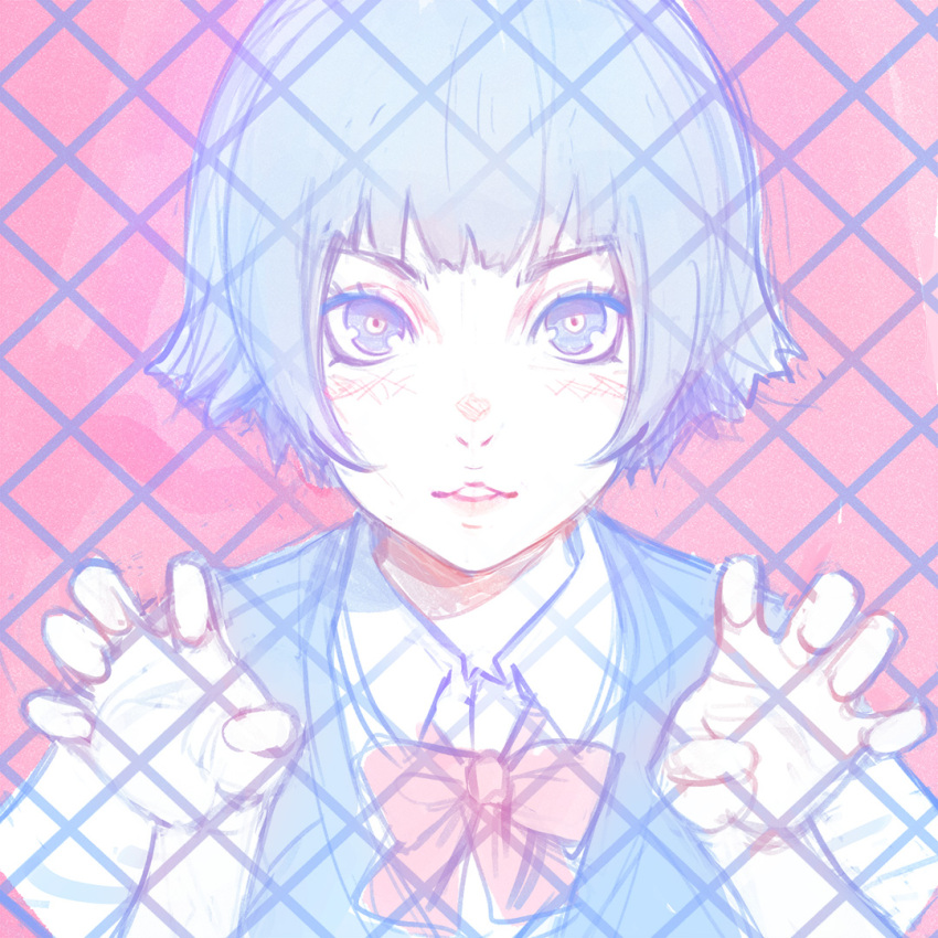 blue_eyes blue_hair blue_vest bow bowtie collared_shirt copyright_request fence hands_up ilya_kuvshinov lips looking_at_viewer parted_lips pink_background pink_neckwear shirt short_hair simple_background sketch smile upper_body vest white_shirt wing_collar