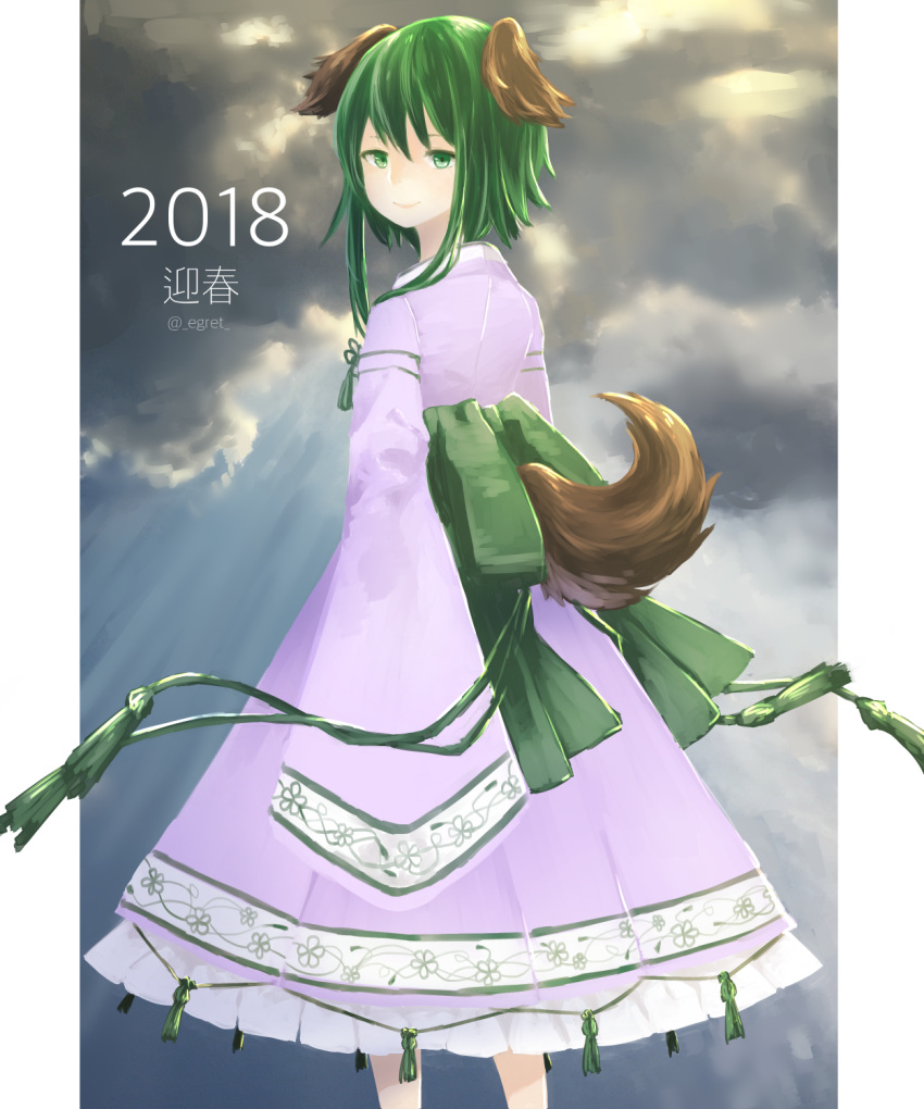 1girl 2018 animal_ears closed_mouth clouds cloudy_sky commentary_request dress egret green_eyes green_hair highres kasodani_kyouko looking_at_viewer outdoors purple_dress sash short_hair_with_long_locks sky sleeves_past_wrists smile solo standing tail tassel touhou twitter_username wide_sleeves
