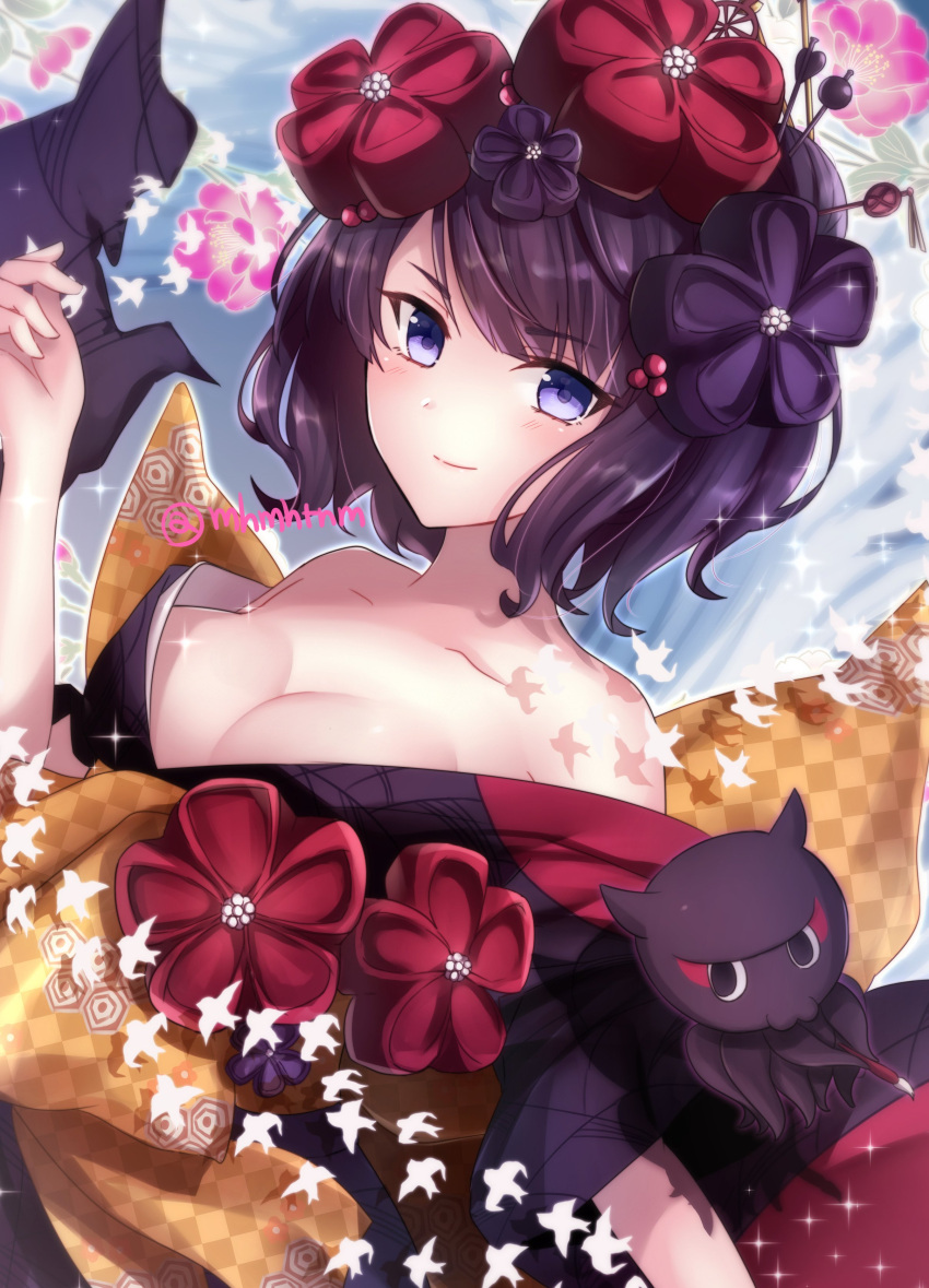 1girl absurdres bare_shoulders blue_eyes blush breasts character_request cleavage closed_mouth commentary_request dutch_angle eyebrows_visible_through_hair fate/grand_order fate_(series) floral_background flower_request hair_ornament hairpin hand_up highres japanese_clothes kimono large_breasts obi octopus off_shoulder purple_hair purple_kimono sash short_hair smile solo tanaji twitter_username