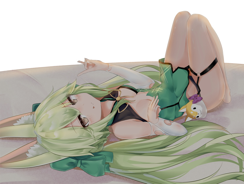 1girl :o absurdres animal_ears arm_warmers art556_(girls_frontline) bangs bare_shoulders barefoot blush bow breasts brown_eyes closed_mouth commentary dress eyebrows_visible_through_hair fox_ears fox_shadow_puppet full_body girls_frontline green_bow green_dress green_hair hair_between_eyes hair_bow highres long_hair looking_at_viewer lying on_back ru_zhai small_breasts smile solo torn_clothes torn_dress twintails very_long_hair