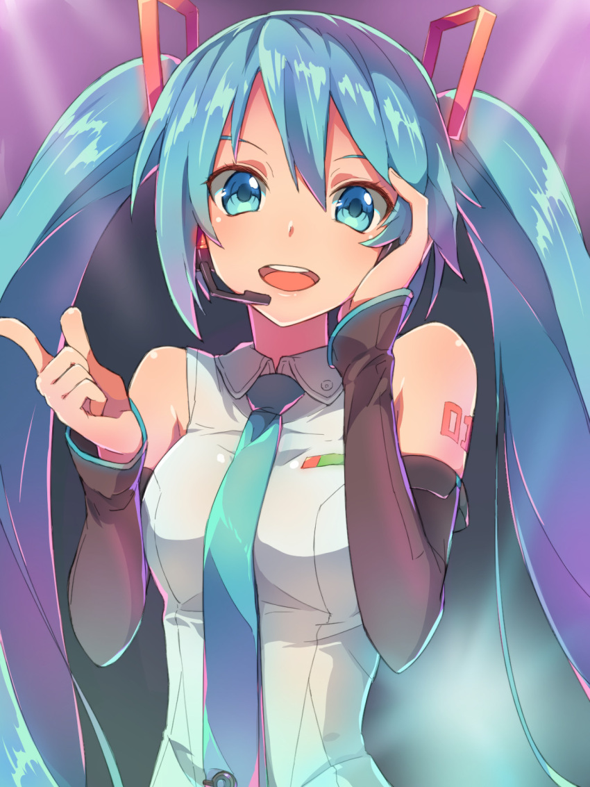 1girl aqua_eyes aqua_hair chiharu_(9654784) detached_sleeves hand_on_headphones hatsune_miku headphones headset highres long_hair looking_at_viewer necktie open_mouth solo twintails upper_body vocaloid