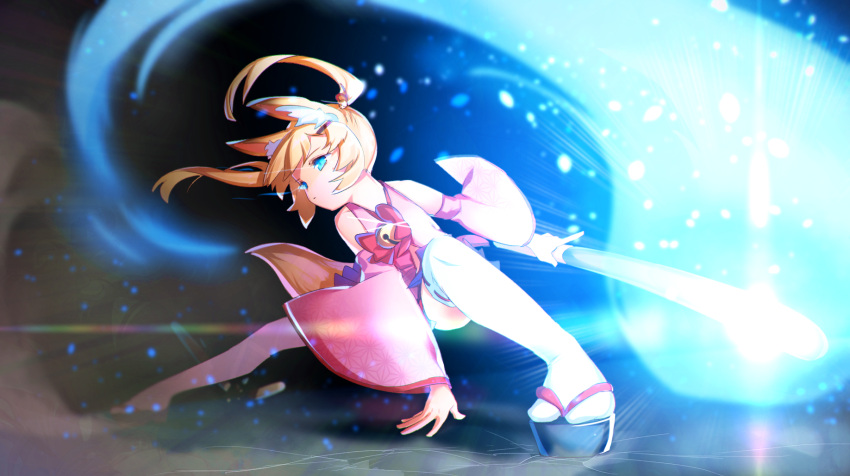 1girl animal_ears ayamori_mimi bare_shoulders bell blonde_hair blue_eyes bow closed_mouth detached_sleeves fox_ears geta glowing glowing_eyes highres holding holding_weapon jingle_bell kemomimi_vr_channel long_hair mikoko_(kemomimi_vr_channel) red_bow ribbon-trimmed_legwear ribbon_trim skirt solo stance tabi thigh-highs twintails weapon white_legwear wide_sleeves you're_doing_it_wrong