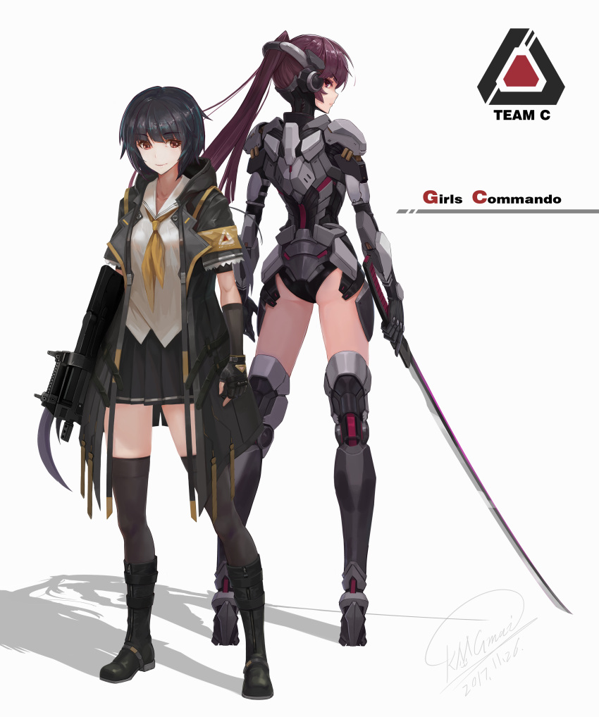 1girl absurdres armband armor armored_boots arms_at_sides ass bangs black_footwear black_gloves black_hair black_jacket black_legwear black_leotard black_skirt boots closed_mouth dated elbow_gloves emblem eyebrows_visible_through_hair full_body gloves gun headgear high_ponytail highres holding holding_gun holding_sword holding_weapon jacket katana knee_boots legs_apart leotard long_hair looking_at_viewer looking_back mecha_musume neckerchief open_clothes open_jacket original pleated_skirt profile purple_hair red_eyes school_uniform serafuku shirt short_hair short_sleeves shou_mai shoulder_armor signature simple_background skirt smile standing sword thigh-highs thigh_boots thighs v-shaped_eyebrows violet_eyes weapon white_background white_shirt yellow_neckwear zettai_ryouiki