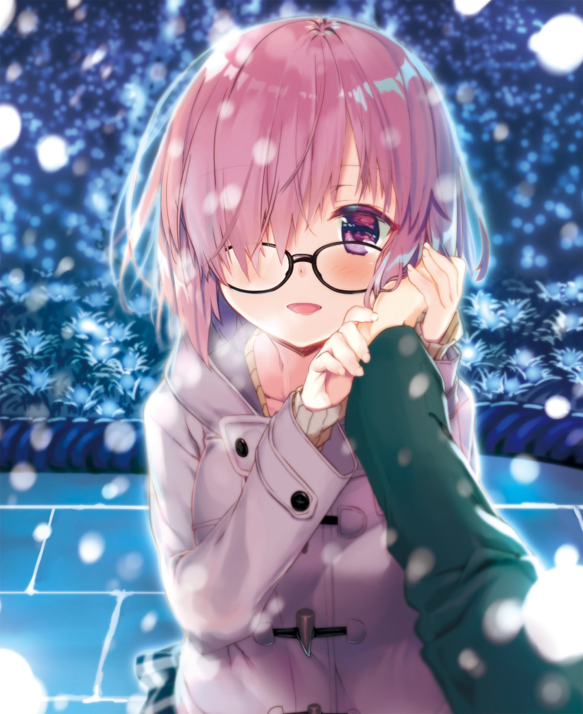 1girl :d black-framed_eyewear coat collarbone eyebrows_visible_through_hair fate/grand_order fate_(series) from_above glasses hair_over_one_eye hand_on_another's_cheek hand_on_another's_face highres kagome_(traumatize) mash_kyrielight open_mouth outdoors pink_hair purple smile standing violet_eyes