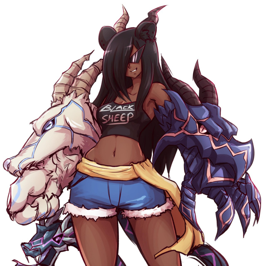 1girl alternate_costume animal_ears bare_shoulders black_hair blue_shorts chimera_(monster_girl_encyclopedia) claws clothes_writing contrapposto cowboy_shot dark_skin dragon english extra_eyes fur_trim goat grin highres horns long_hair looking_at_viewer mazume monster_girl_encyclopedia navel short_shorts shorts simple_background smile snake snake_tail solo standing sunglasses tail tank_top white_background