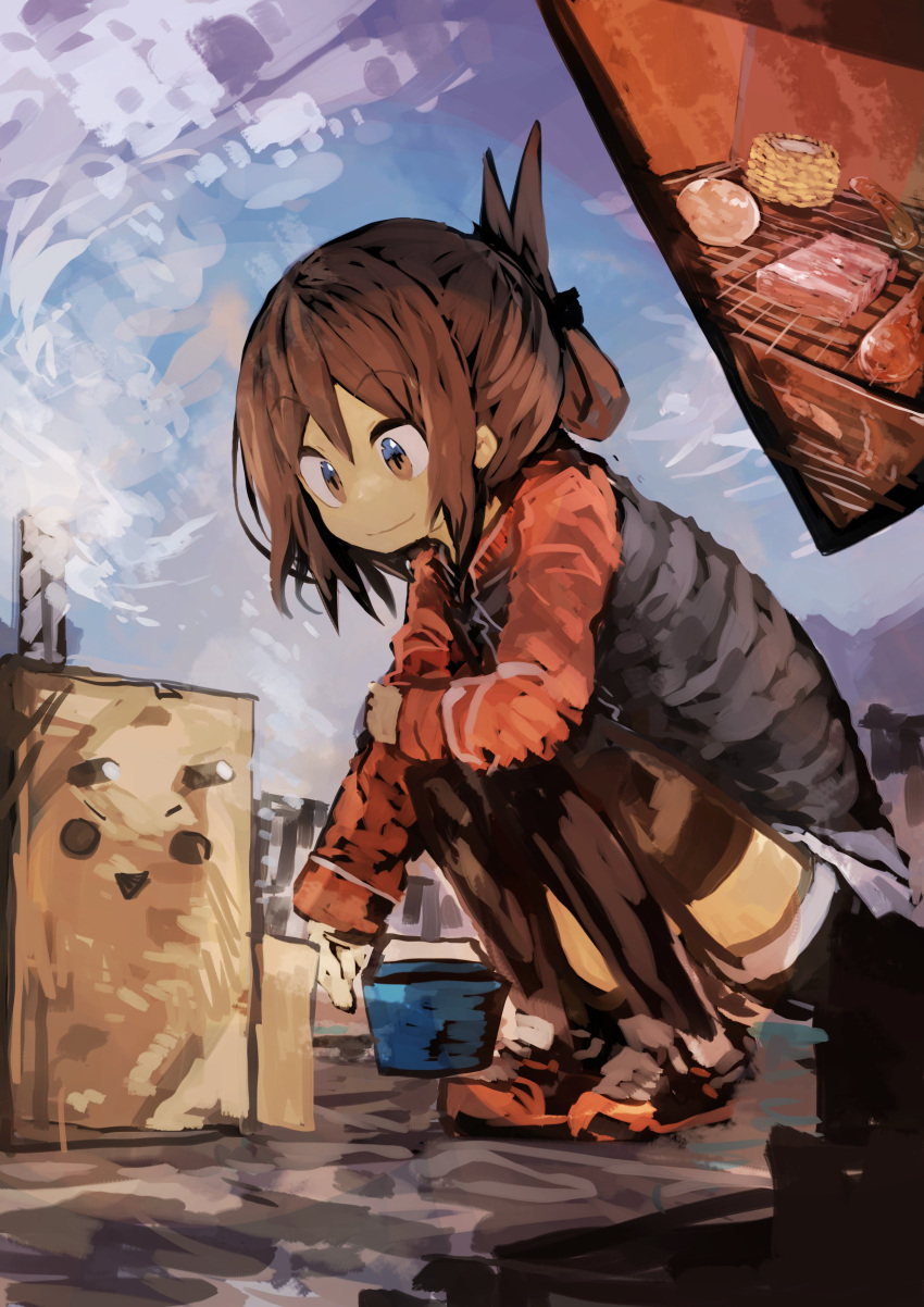 1girl absurdres bangs black_jacket box brown_eyes brown_hair cardboard_box commentary corn eyebrows_visible_through_hair folded_ponytail food grill hair_between_eyes highres holding_arm inazuma_(kantai_collection) jacket kaamin_(mariarose753) kantai_collection red_jacket sausage shoes shorts sky smile sneakers solo squatting thigh-highs