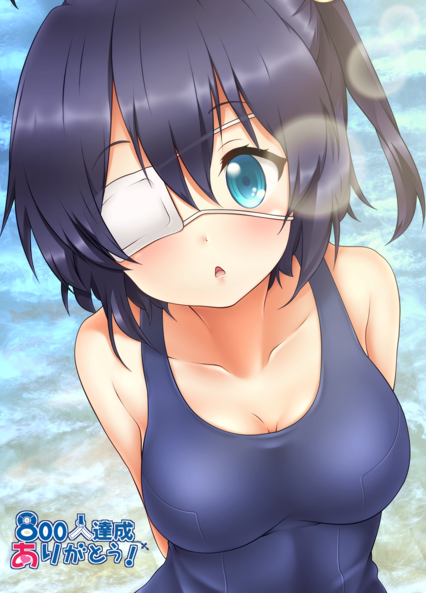 1girl :&lt; absurdres ahoge arms_behind_back bangs bare_shoulders black_hair blue_eyes blue_swimsuit breasts chuunibyou_demo_koi_ga_shitai! cleavage collarbone commentary_request competition_swimsuit derivative_work eyebrows_visible_through_hair eyepatch hair_between_eyes head_tilt highres looking_at_viewer medium_breasts ocean one-piece_swimsuit oooqqq parted_lips school_swimsuit solo swimsuit takanashi_rikka triangle_mouth upper_body