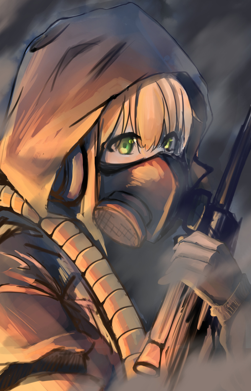 1girl absurdres blonde_hair commentary_request cyo gas_mask graphite_(medium) green_eyes gun headset highres original rifle solo traditional_media watercolor_(medium) weapon