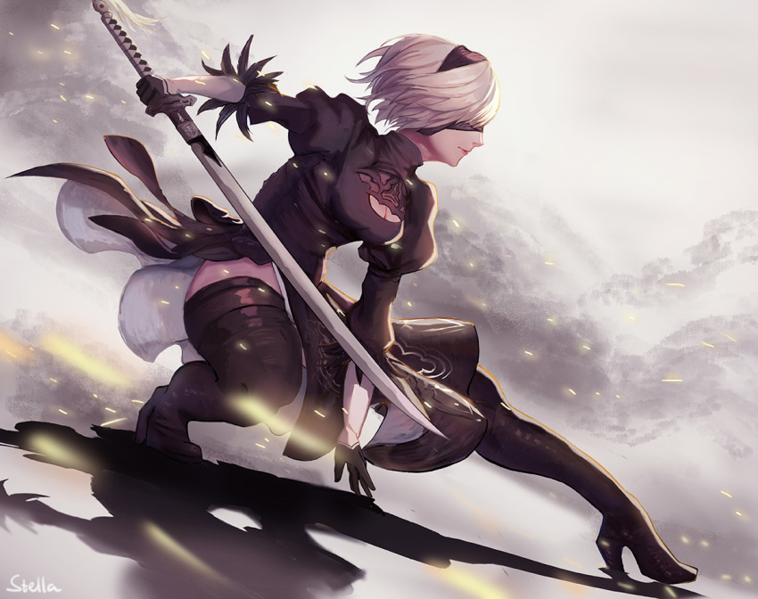 1girl bangs black_dress boots breasts cleavage cleavage_cutout closed_mouth dress eyebrows_visible_through_hair full_body gloves headband high_heels holding holding_sword holding_weapon katana large_breasts nier_(series) nier_automata profile puffy_sleeves silver_hair simple_background solo stellarien sword thigh-highs thigh_boots weapon yorha_no._2_type_b zettai_ryouiki