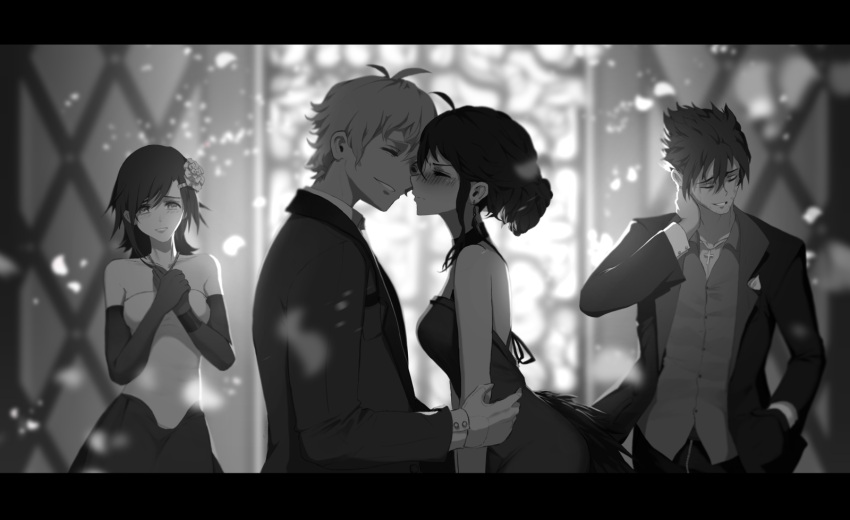 2boys 2girls blush bride brother_and_sister closed_eyes dishwasher1910 groom highres husband_and_wife imminent_kiss kiss multiple_boys multiple_girls qrow_branwen raven_branwen rwby siblings summer_rose taiyang_xiao_long tsundere wedding