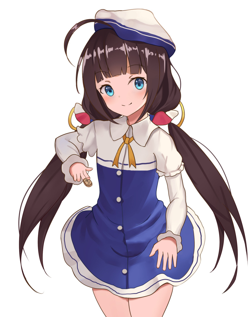 1girl ahoge april_cho bangs beret between_fingers blue_dress blue_eyes blunt_bangs blush board_game brown_hair closed_mouth commentary_request cowboy_shot dress eyebrows_visible_through_hair hat head_tilt highres hinatsuru_ai holding long_hair long_sleeves looking_at_viewer low_twintails puffy_short_sleeves puffy_sleeves ryuuou_no_oshigoto! school_uniform short_over_long_sleeves short_sleeves shougi simple_background smile solo twintails very_long_hair white_background white_hat
