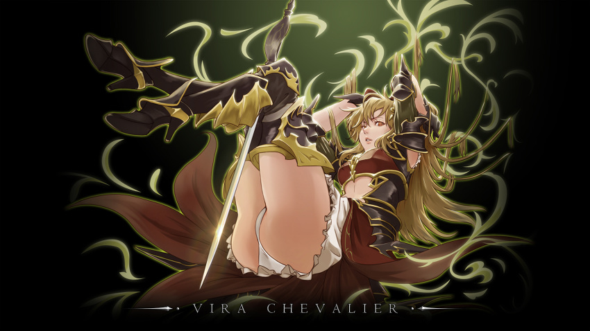 1girl armor armored_boots arms_up black_background black_gloves blonde_hair boots breastplate brown_eyes bula character_name from_side full_body gloves granblue_fantasy high_heels highres long_hair looking_at_viewer lying on_back outline panties parted_lips solo sword underwear very_long_hair vira weapon white_panties