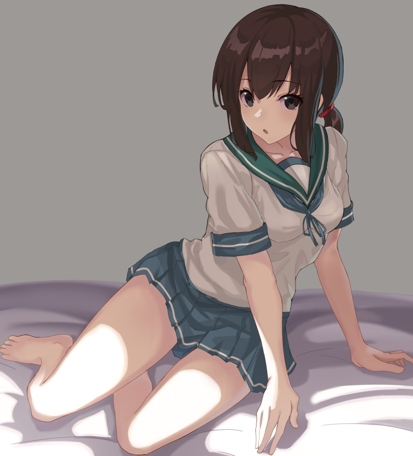 1girl :o arm_support bangs bare_legs barefoot bed_sheet blue_ribbon blue_skirt blush breasts brown_eyes brown_hair collarbone eyebrows_visible_through_hair fubuki_(kantai_collection) grey_background hair_tie highres kantai_collection light long_hair looking_at_viewer low_ponytail medium_breasts miniskirt open_mouth oweee pleated_skirt reclining ribbon shirt short_sleeves sidelocks simple_background skirt solo thighs white_shirt