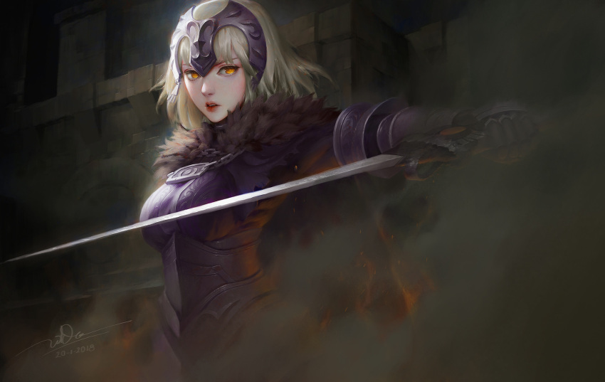 1girl architecture armor armored_dress black_dress black_gloves blonde_hair breasts check_character dao_trong_le dated dress fate/grand_order fate_(series) fur_trim gauntlets gloves highres jeanne_d'arc_(alter)_(fate) jeanne_d'arc_(fate)_(all) lips looking_at_viewer medium_breasts open_mouth parted_lips red_lips short_hair signature solo yellow_eyes