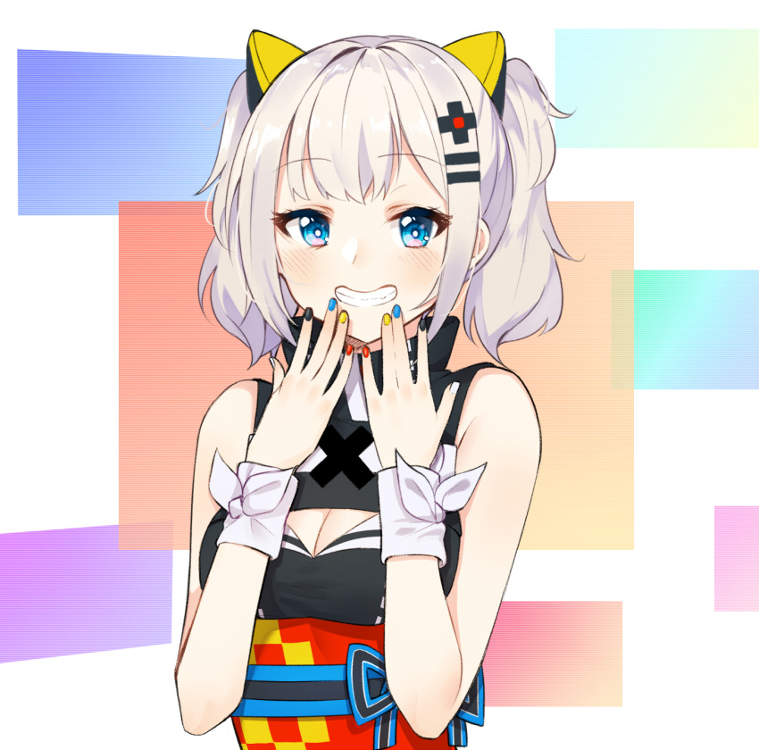 1girl :d animal_ears bangs black_dress blue_eyes blue_ribbon blush breasts bright_pupils cat_ears cleavage cleavage_cutout dress eyebrows_visible_through_hair fake_animal_ears grin hair_ornament hairclip hands_on_own_face highres kaguya_luna kaguya_luna_(character) looking_at_viewer medium_breasts multicolored multicolored_background multicolored_nail_polish nail_polish obi open_mouth ribbon sash shiny shiny_hair short_hair sleeveless sleeveless_dress smile solo teeth the_cold thigh-highs twintails underbust upper_body wristband