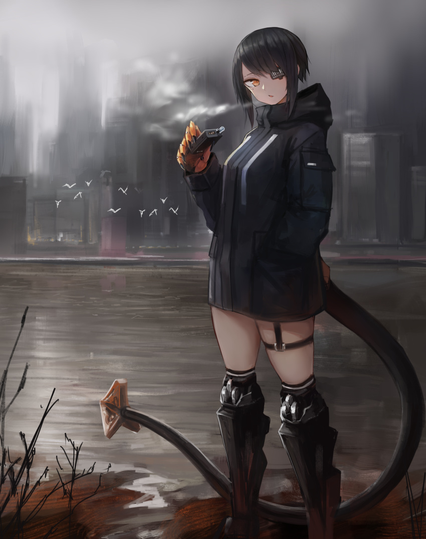 1girl bangs bird black_hair cyberpunk cyborg eyepatch highres hood hood_down kasagarasu looking_at_viewer mecha_musume mechanical_arm mechanical_legs mechanical_tail orange_eyes original outdoors prosthesis science_fiction short_hair slit_pupils solo standing sumi_elias swept_bangs