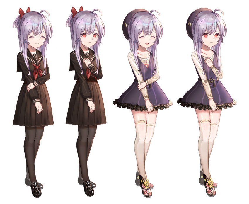 :d ahoge belt black_footwear black_hat black_legwear black_skirt bow frown hair_bow hand_on_own_chest hat highres holding_own_arm looking_at_viewer multiple_views open_mouth pantyhose purple_hair red_bow red_eyes school_uniform seolryun shoes skirt smile sneakers standing thigh-highs white_legwear