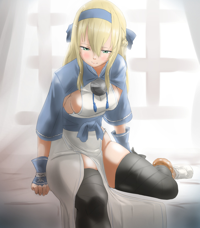 1girl ainu_clothes alternate_costume bed blonde_hair blush breasts dress green_eyes hair_between_eyes headband highres japanese_clothes kamoi_(kantai_collection) kamoi_(kantai_collection)_(cosplay) kantai_collection looking_at_viewer medium_breasts sideboob solo tama_(seiga46239239) warspite_(kantai_collection) white_background window