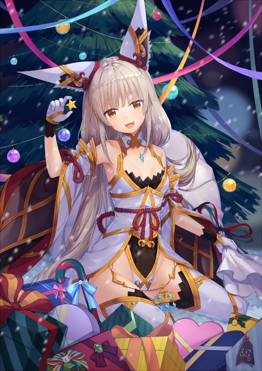 1girl :d animal_ears arm_up armpits bangs bare_shoulders bauble bell blue_ribbon blunt_bangs blush box breasts brown_hair candy candy_cane cat_ears christmas_tree collarbone detached_sleeves eyebrows_visible_through_hair food gem gift gift_box groin head_tilt heart-shaped_box highres holding holding_star jingle_bell leotard long_hair long_sleeves looking_at_viewer low_twintails motion_lines niyah open_mouth orange_eyes red_ribbon ribbon sack shiny shiny_hair sitting small_breasts smile snowing solo spoilers star thigh-highs transistor tree twintails upper_teeth very_long_hair waist_cape wariza white_legwear white_leotard wide_sleeves xenoblade_2