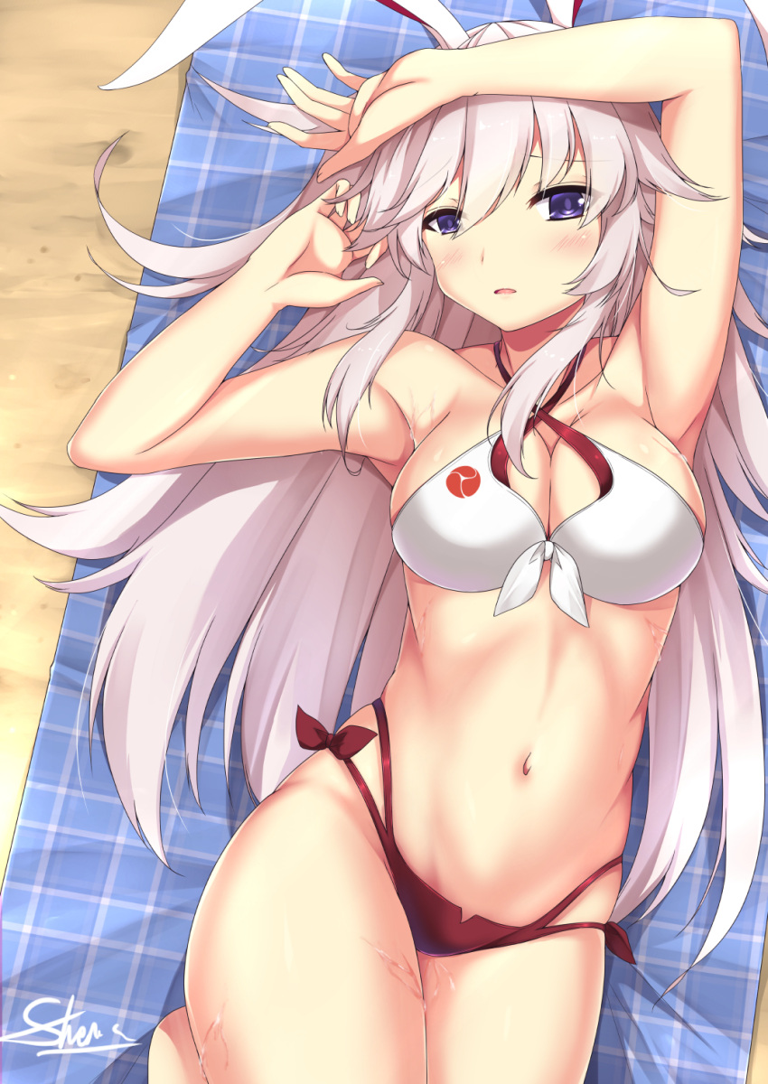 1girl animal_ears armpits arms_up bangs beach beach_towel benghuai_xueyuan bikini blush breasts cleavage cleavage_cutout collarbone criss-cross_halter day fox_ears front-tie_bikini front-tie_top hair_between_eyes halterneck hand_on_own_head highres long_hair looking_at_viewer lying medium_breasts mismatched_bikini multi-strapped_bikini navel on_back outdoors pink_hair red_bikini_bottom red_ribbon ribbon sand sheita side-tie_bikini signature solo stomach straight_hair sunlight sweat swimsuit thighs towel violet_eyes white_bikini_top white_ribbon yae_sakura_(benghuai_xueyuan)