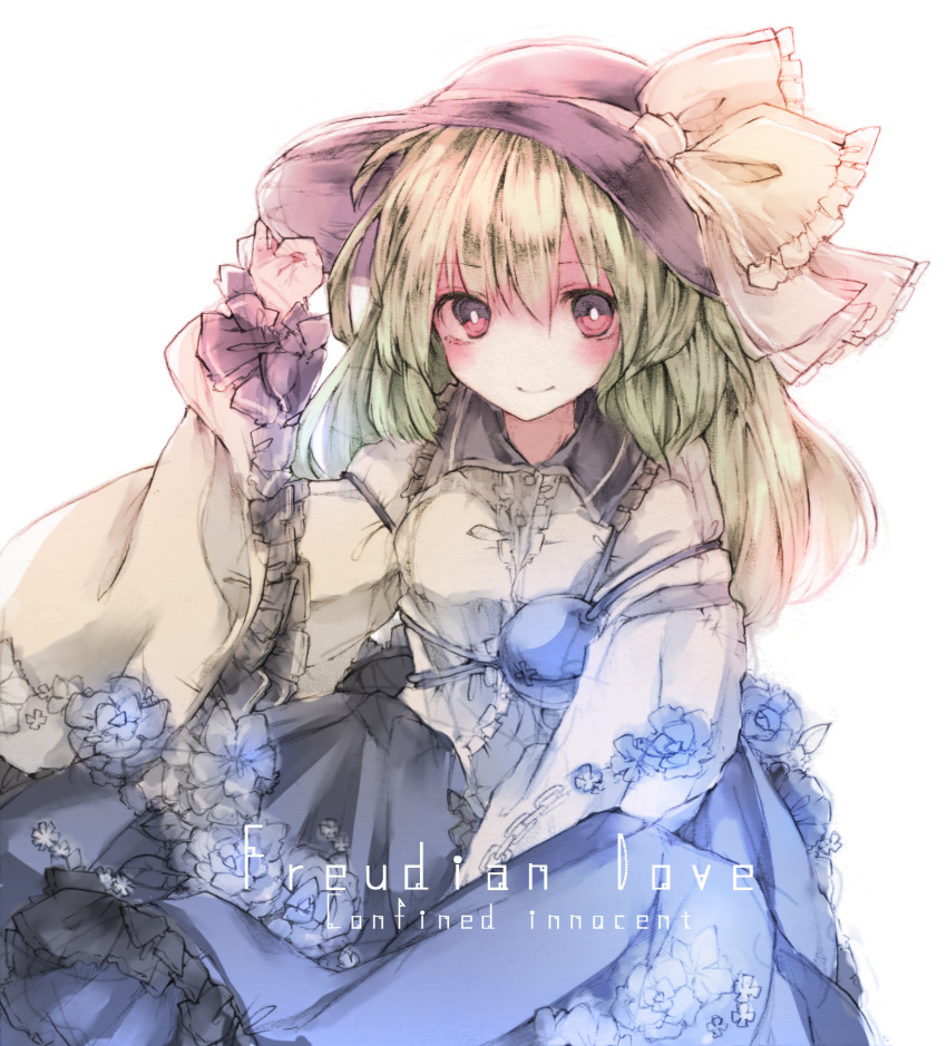 1girl bangs blonde_hair bow cable commentary_request dress eyebrows_visible_through_hair flower hair_between_eyes hat hat_bow highres komeiji_koishi long_hair long_sleeves looking_at_viewer multicolored multicolored_clothes multicolored_dress red_eyes sato_imo simple_background solo touhou translation_request white_background yellow_bow