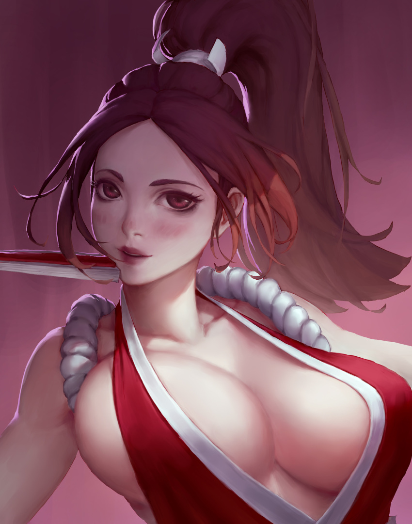 1girl absurdres bare_shoulders breasts brown_eyes brown_hair cleavage fan fatal_fury folding_fan guoxie high_ponytail highres large_breasts long_hair ninja ponytail revealing_clothes ribbon rope shiranui_mai sideboob solo the_king_of_fighters white_ribbon