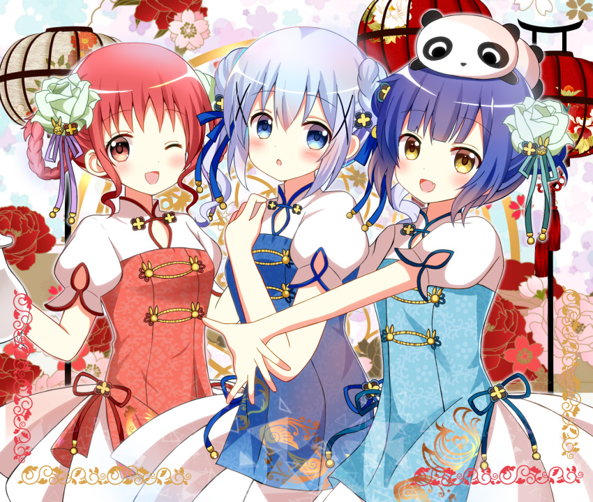 3girls :d ;d animal animal_on_head bangs blue_dress blue_eyes blue_hair blush brown_eyes chestnut_mouth chimame-tai china_dress chinese_clothes commentary_request double_bun dress eyebrows_visible_through_hair fang flower gochuumon_wa_usagi_desu_ka? green_flower hair_between_eyes hair_flower hair_ornament hair_rings highres jouga_maya kafuu_chino lantern looking_at_viewer multiple_girls natsu_megumi on_head one_eye_closed open_mouth outstretched_arm panda paper_lantern parted_lips puffy_short_sleeves puffy_sleeves red_dress redhead ryoutan short_sleeves side_bun sidelocks smile x_hair_ornament yellow_eyes
