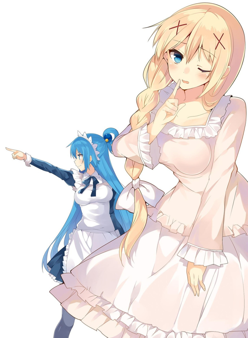 alternate_costume apron aqua_(konosuba) blonde_hair blue_eyes blue_hair breasts darkness_(konosuba) enmaided finger_to_mouth hair_rings highres index_finger_raised kono_subarashii_sekai_ni_shukufuku_wo! long_hair looking_at_viewer maid maid_apron maid_headdress mishima_kurone official_art one_eye_closed shushing smile waist_apron