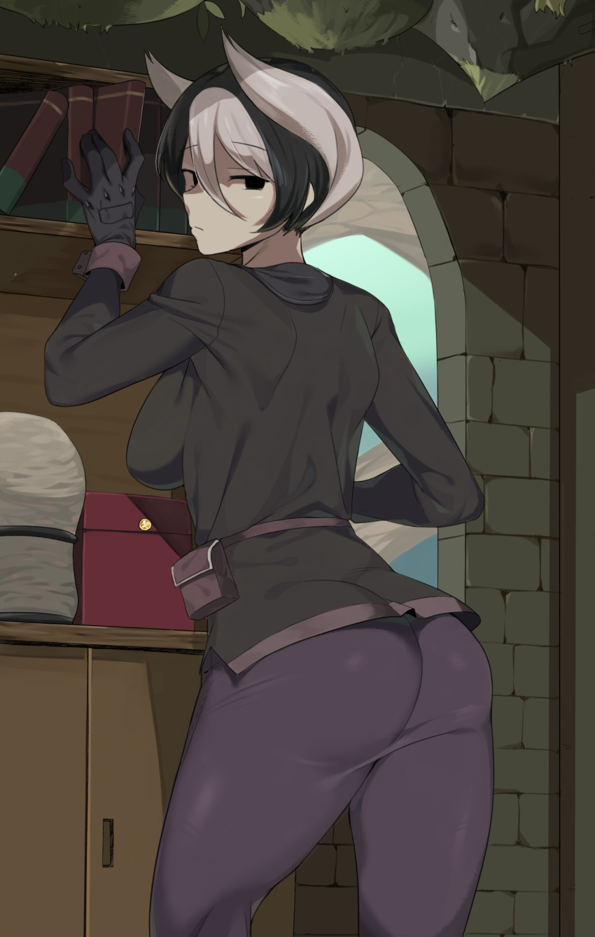 ass back black_eyes black_gloves black_legwear breasts gloves highres long_hair made_in_abyss multicolored_hair ozen pants pouch two-tone_hair urec white_hair